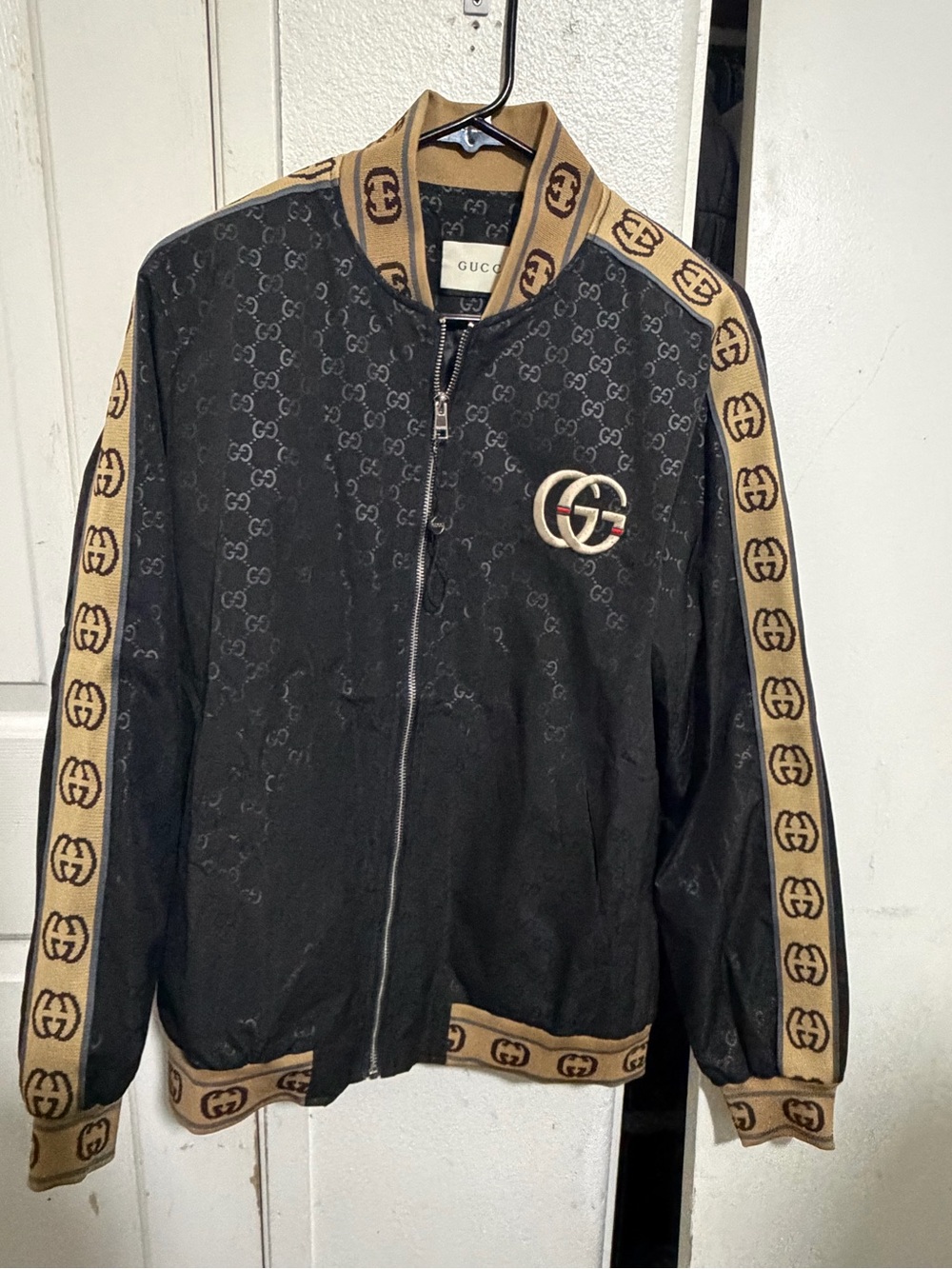 Gucci Black & Tan GG Signature Zip Bomber Jacket